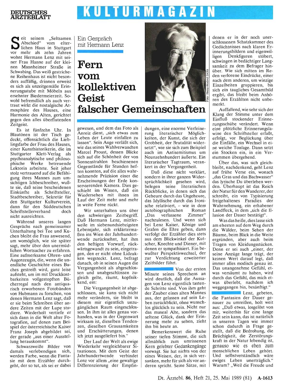 Vorschauseite 1: Ein Gespräch mit Hermann Lenz: Fern vom kollektiven Geist falscher Gemeinschaften