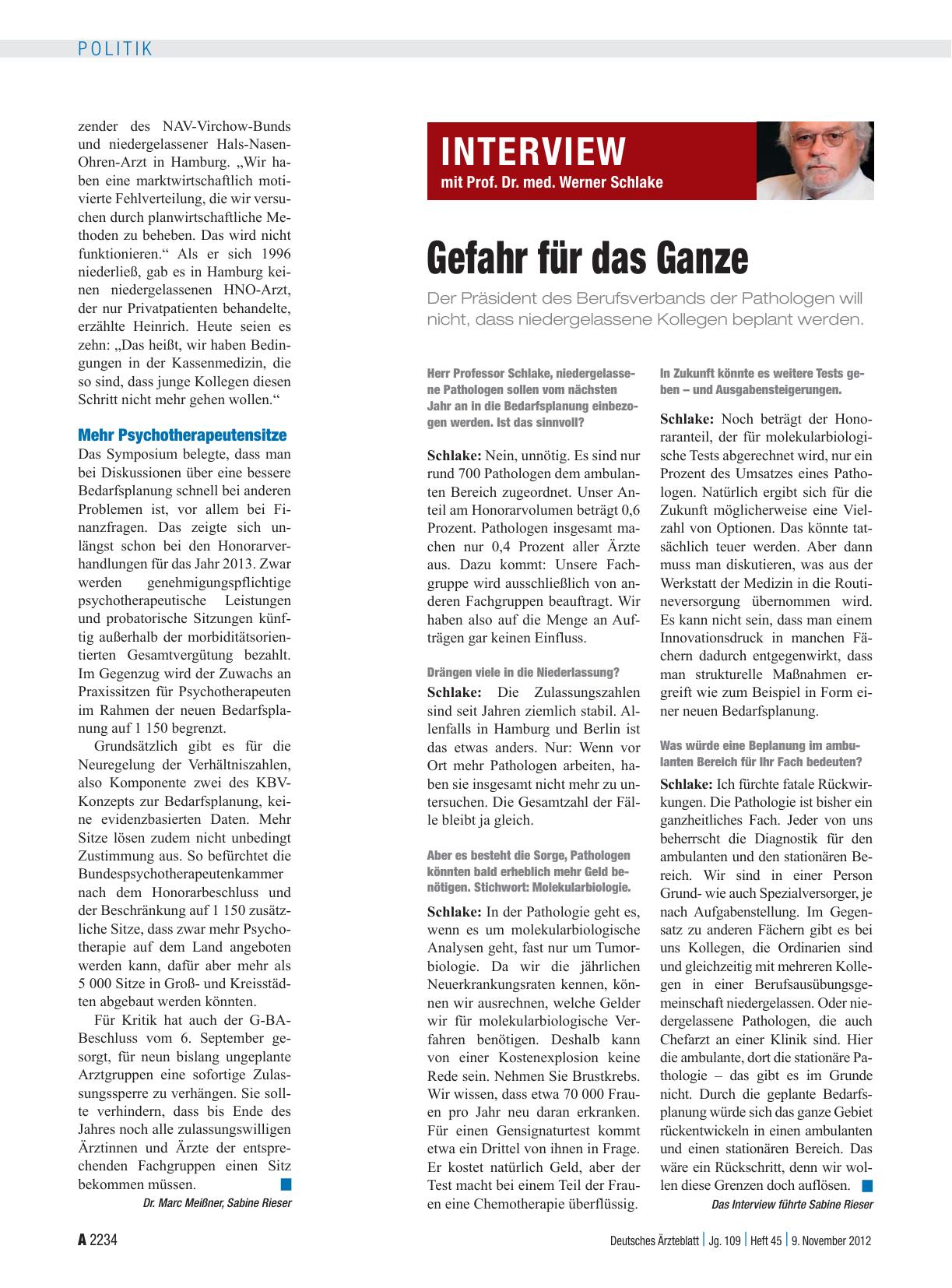 Vorschauseite 1: Interview mit Prof. Dr. med. Werner Schlake: Gefahr für das Ganze