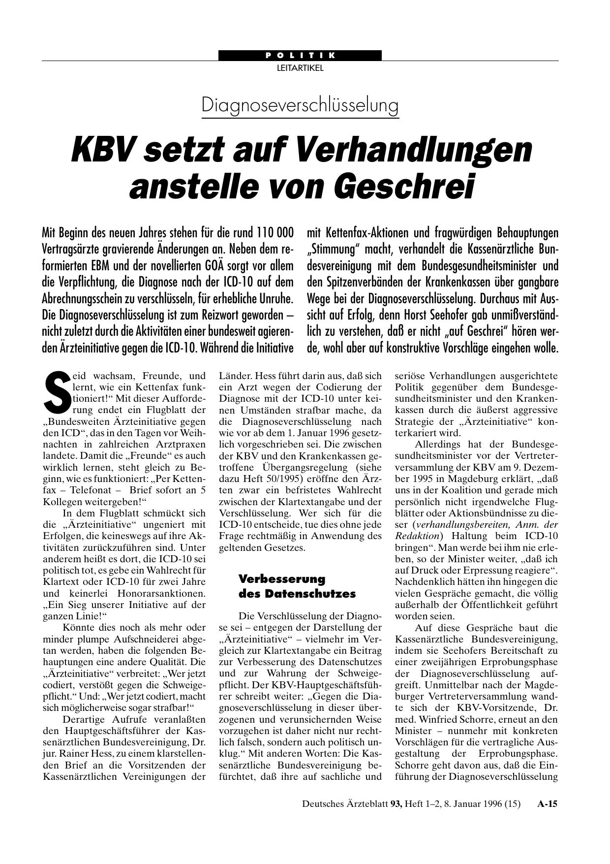 Vorschauseite 1: Diagnoseverschlüsselung: KBV setzt auf Verhandlungen anstelle von Geschrei