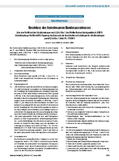 Vorschauseite 1: Bekanntmachungen: Beschluss des Gemeinsamen Bundesausschusses über eine Richtlinie über Schutzimpfungen nach § 20 d Abs. 1 des Fünften Buches Sozialgesetzbuch (SGB V) (Schutzimpfu…