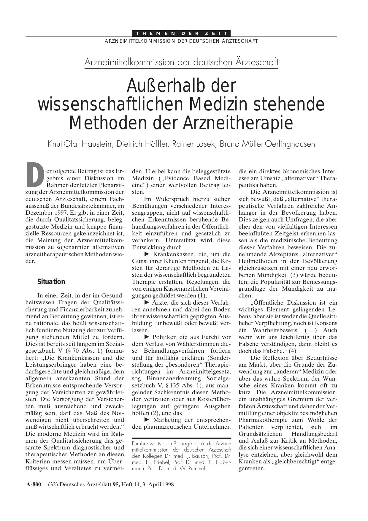 Vorschauseite 1: Arzneimittelkommission der deutschen Ärzteschaft: Außerhalb der wissenschaftlichen Medizin stehende Methoden der Arzneitherapie
