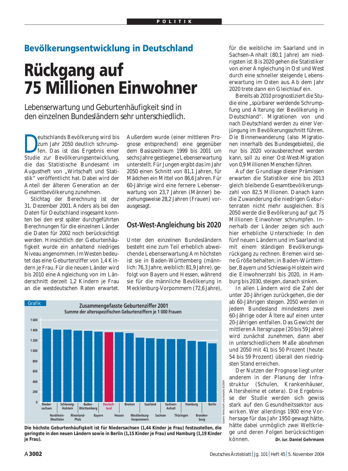 Vorschauseite 1: Bevölkerungsentwicklung in Deutschland: Rückgang auf 75 Millionen Einwohner
