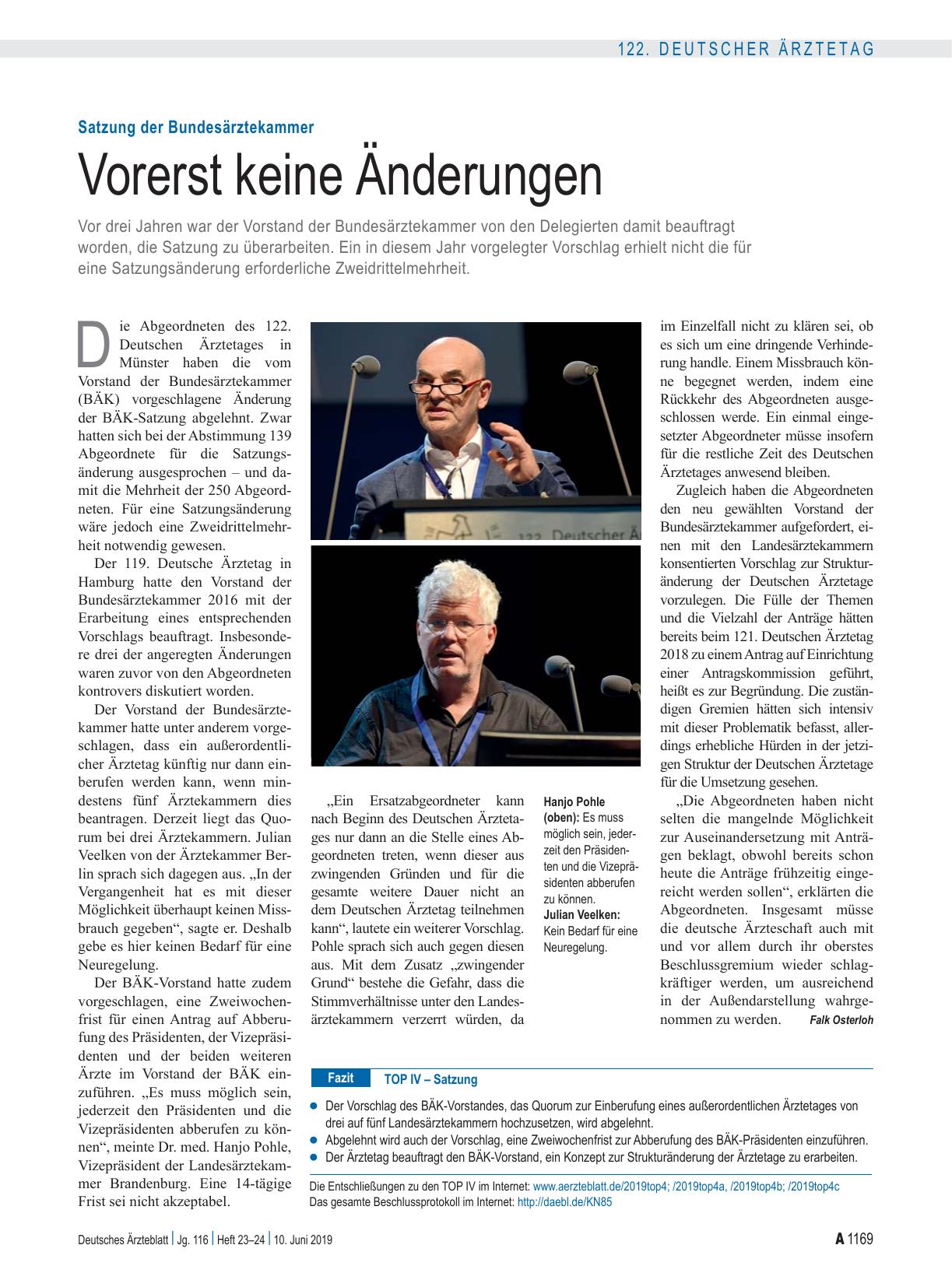 Vorschauseite 1: Satzung der Bundesärztekammer: Vorerst keine Änderungen