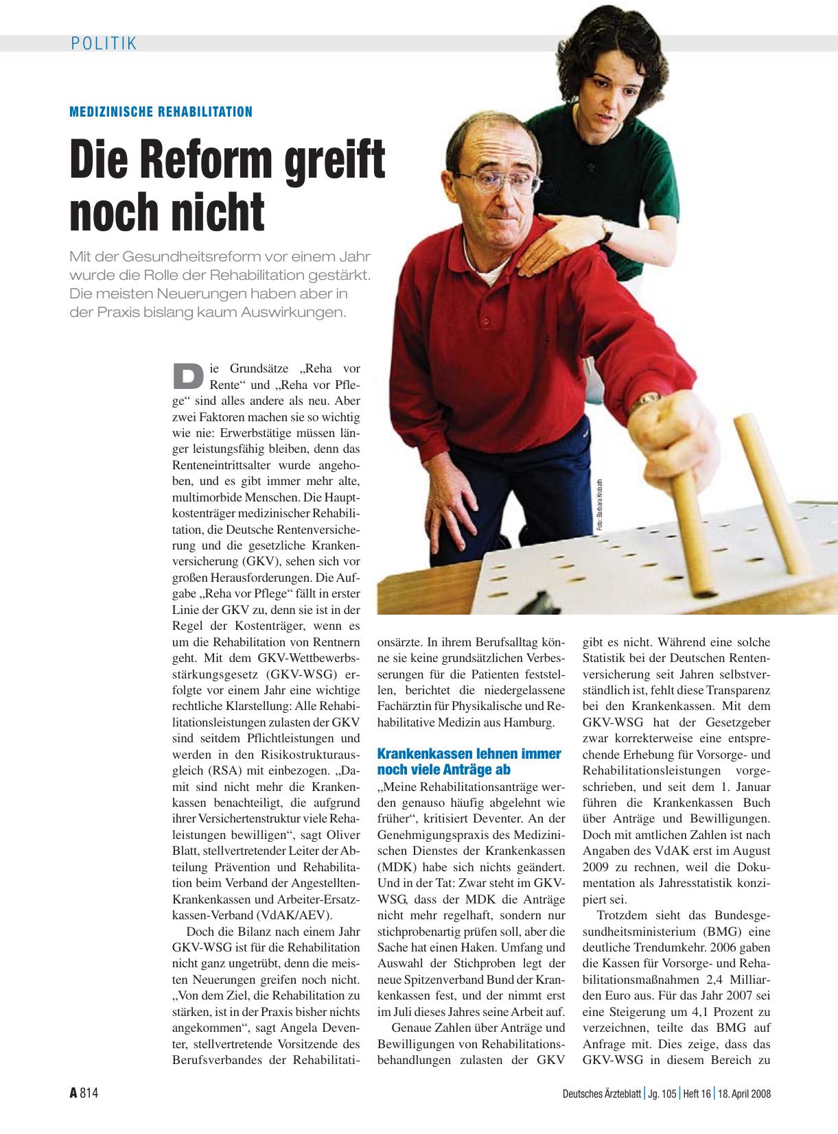 Vorschauseite 1: Medizinische Rehabilitation: Die Reform greift noch nicht