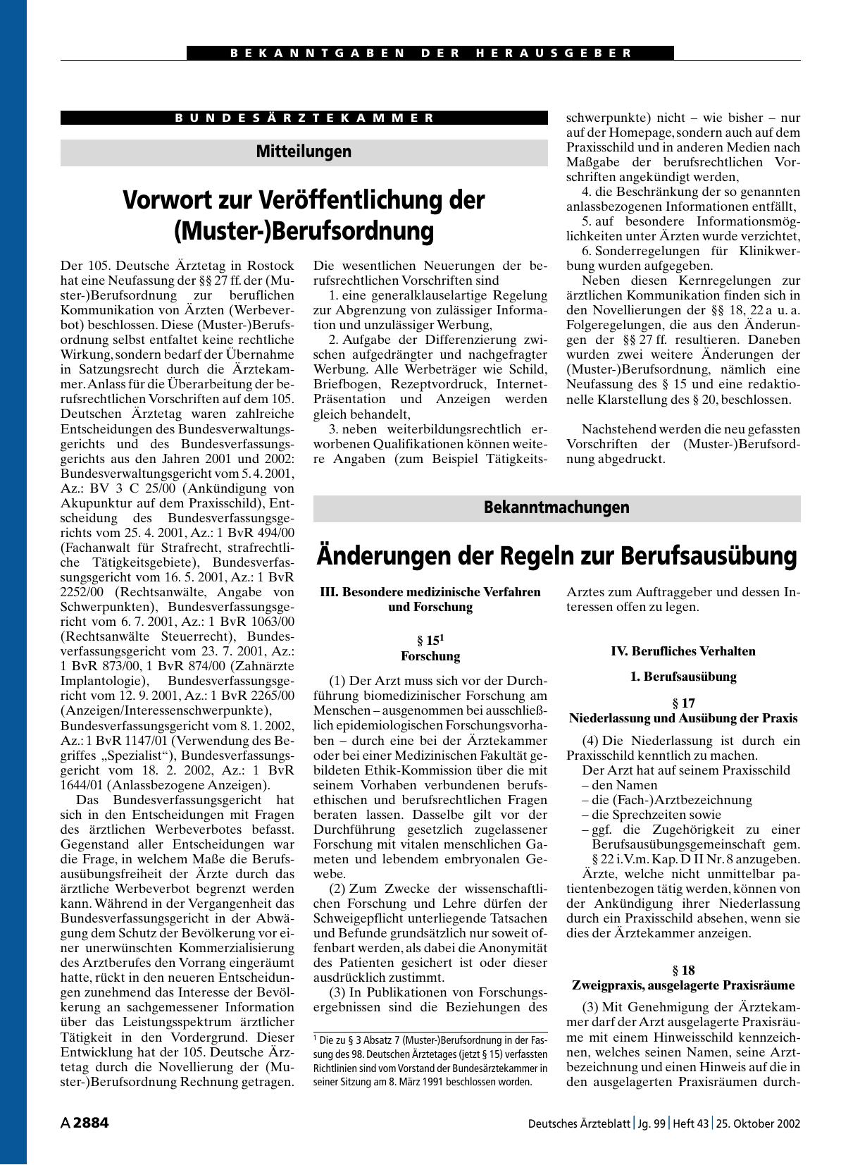Vorschauseite 1: Vorwort zur Veröffentlichung der (Muster-)Berufsordnung