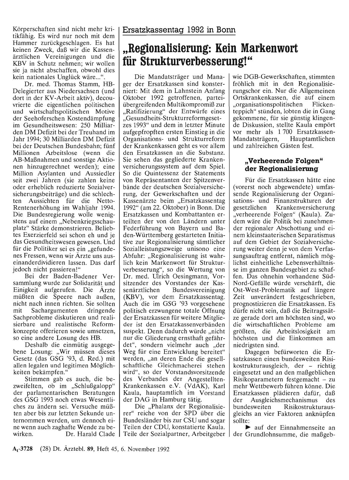 Vorschauseite 1: Ersatzkassentag 1992 in Bonn: „Regtonalisierung: Kein Markenwort für Strukturverbesserung! “