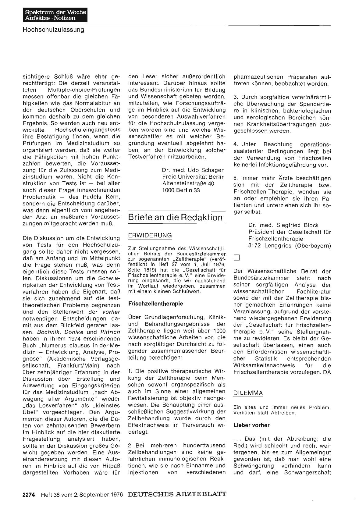 Vorschauseite 1: ERWIDERUNG: Frischzellentherapie