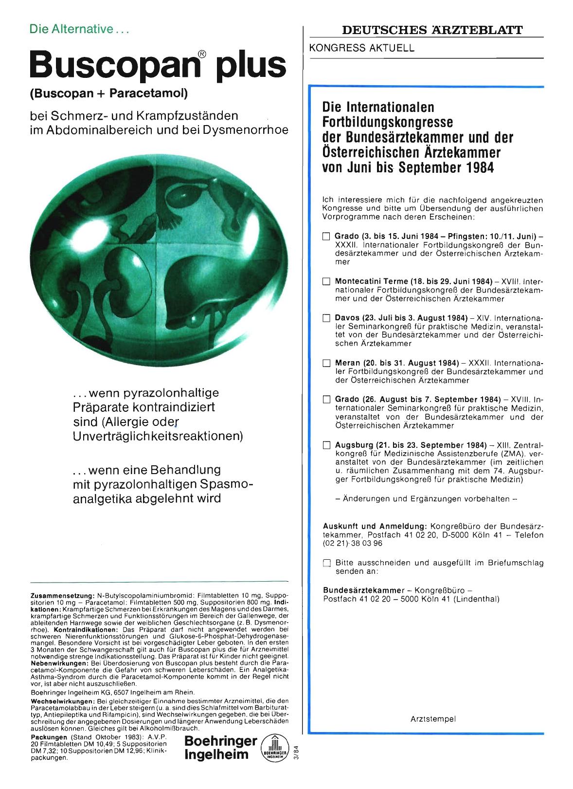 Vorschauseite 1: Die Internationalen Fortbildungskongresse der Bundesärztekammer und der Österreichischen Ärztekammer von Juni bis September 1984