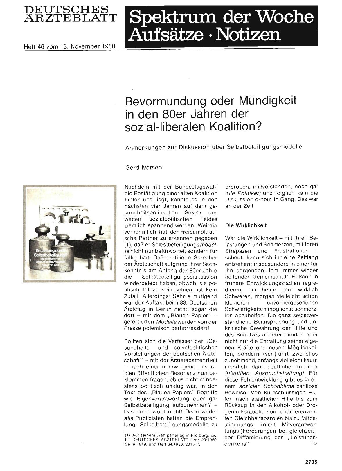 Vorschauseite 1: Bevormundung oder Mündigkeit in den 80er Jahren der sozial-liberalen Koalition? : Anmerkungen zur Diskussion über Selbstbeteiligungsmodelle