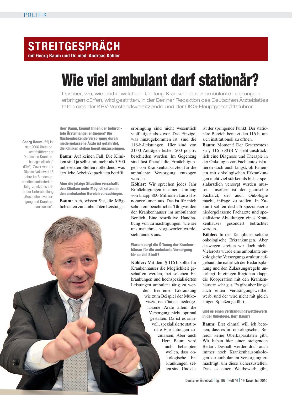 Vorschauseite 1: Streitgespräch mit Georg Baum und Dr. med. Andreas Köhler: Wie viel ambulant darf stationär?