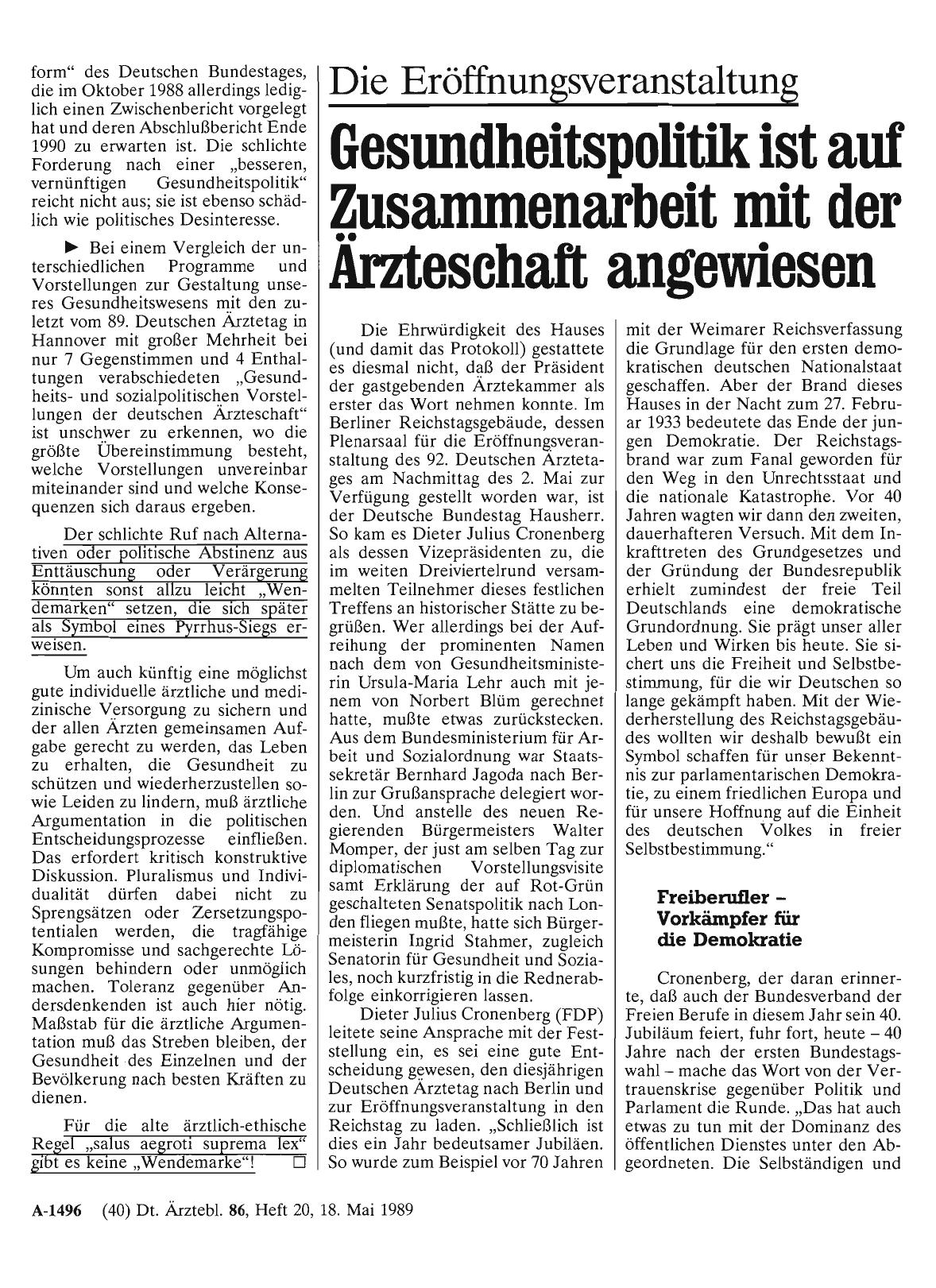 Vorschauseite 1: Die Eröffnungsveranstaltung: Gesundheitspolitik ist auf Zusammenarbeit mit der Ärzteschaft angewiesen