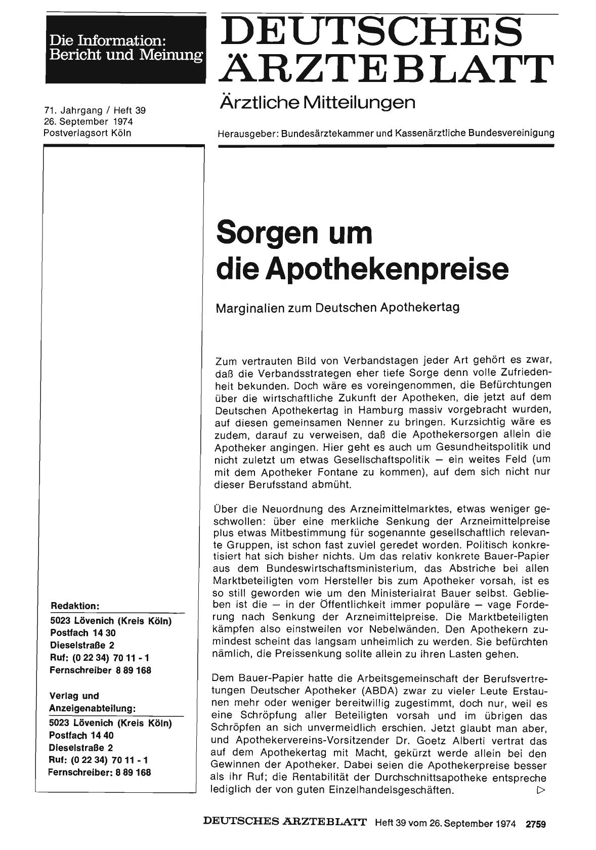 Vorschauseite 1: Sorgen um die Apothekenpreise: Marginalien zum Deutschen Apothekertag