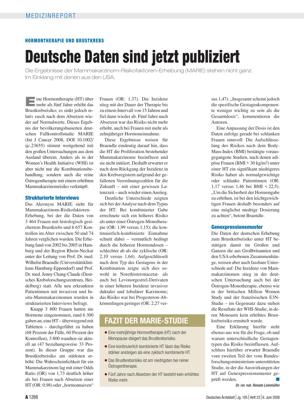 Vorschauseite 1: Hormontherapie und Brustkrebs: Deutsche Daten sind jetzt publiziert