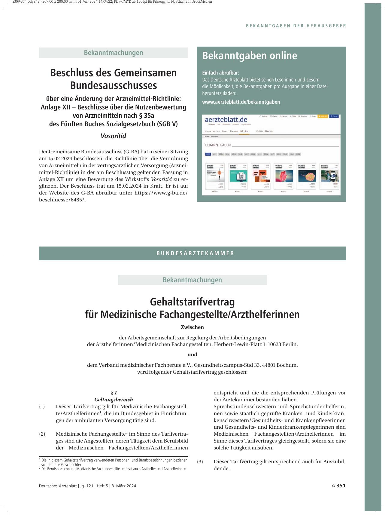 Vorschauseite 1: Beschluss des Gemeinsamen Bundesausschusses über eine Änderung der Arzneimittel-Richtlinie: Vosoritid