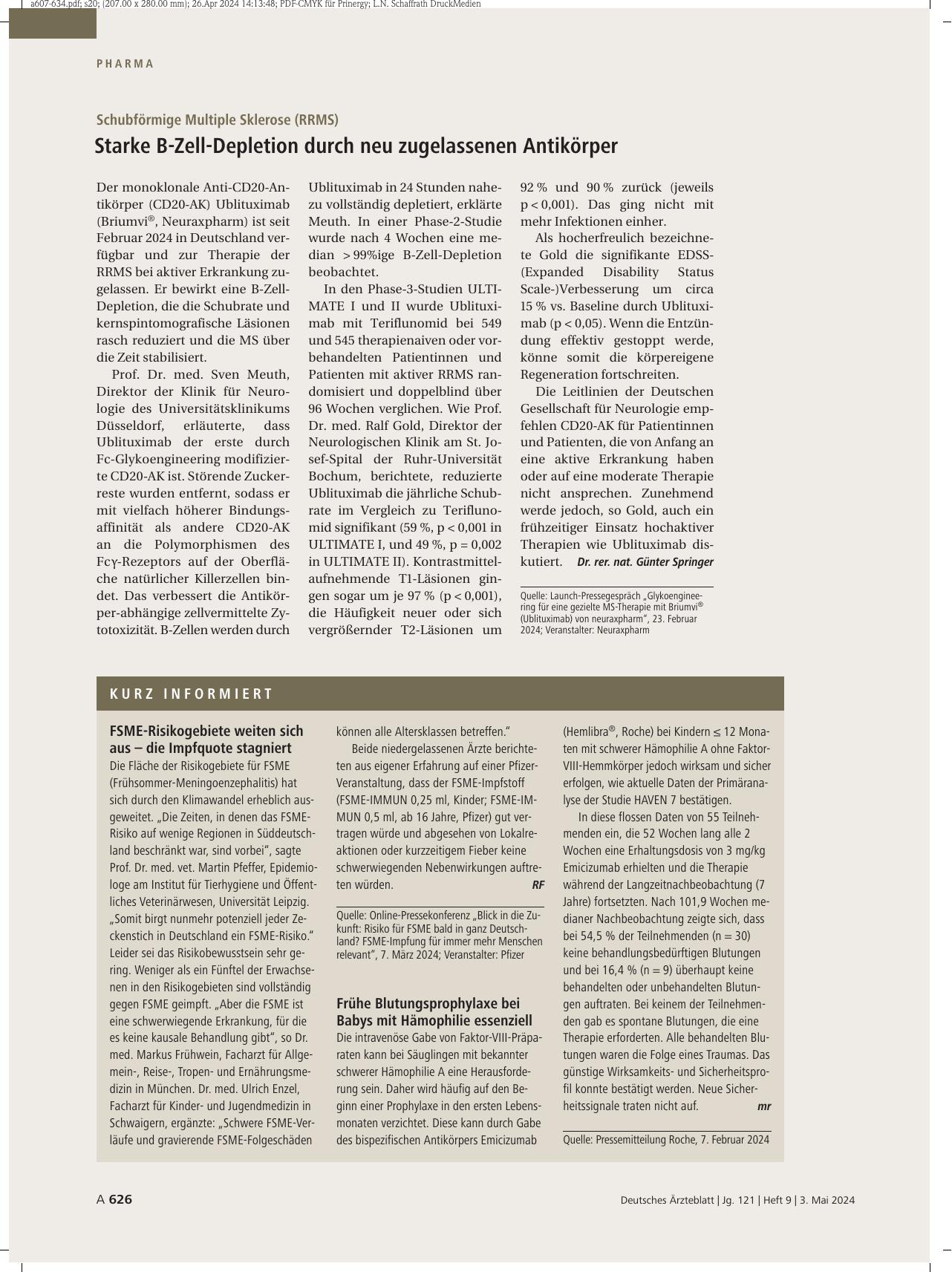 Vorschauseite 1: Schubförmige Multiple Sklerose (RRMS): Starke B-Zell-Depletion durch neu zugelassenen Antikörper