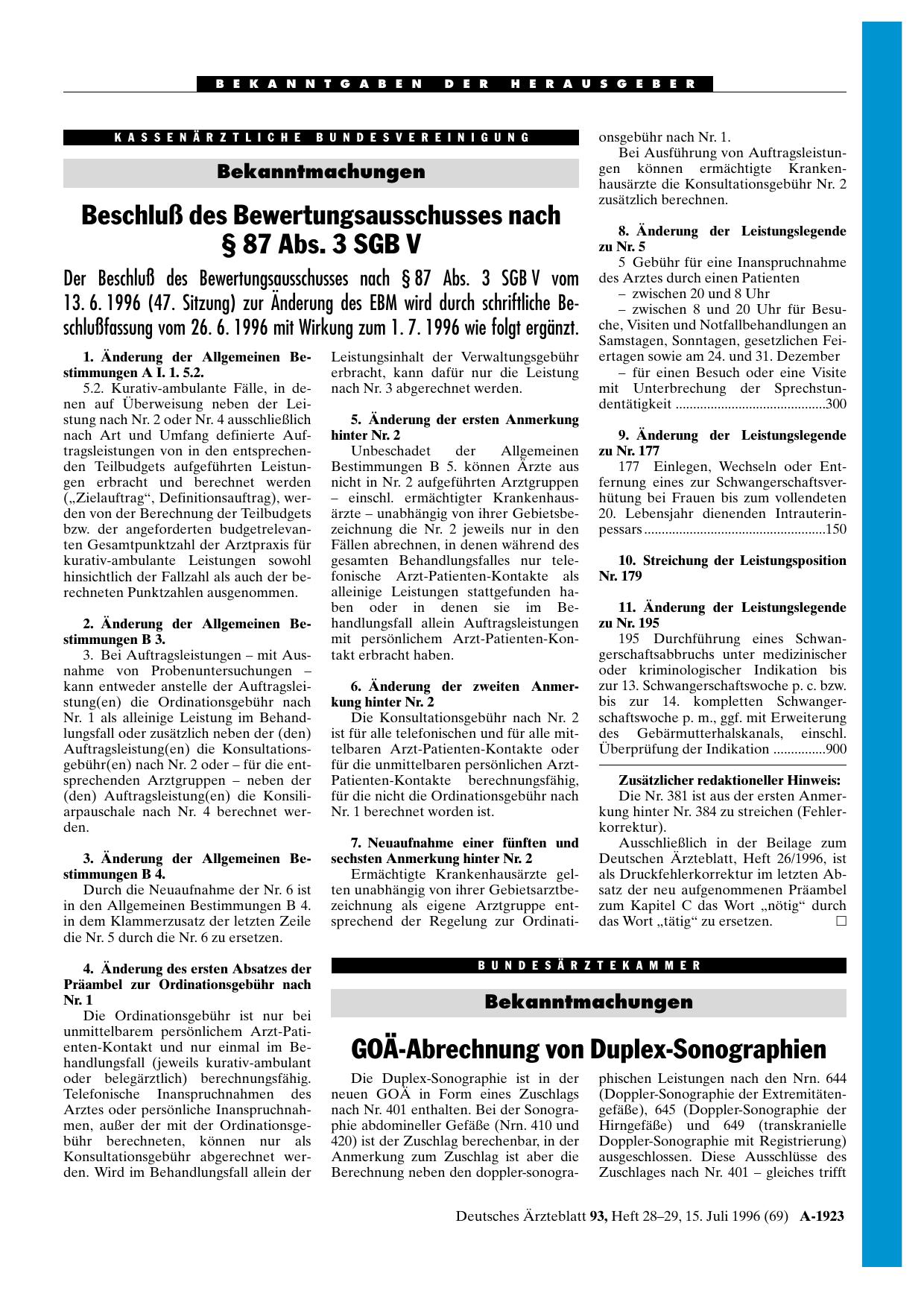 Vorschauseite 1: Bekanntmachungen: GOÄ-Abrechnung von Duplex-Sonographien