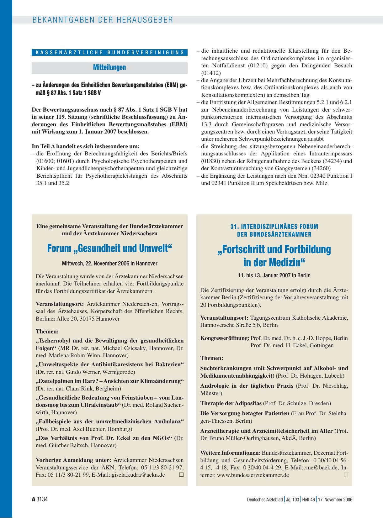 Vorschauseite 1: 31. Interdisziplinäres Forum der Bundesärztekammer „Fortschritt und Fortbildung in der Medizin“ 11. bis 13. Januar 2007 in Berlin