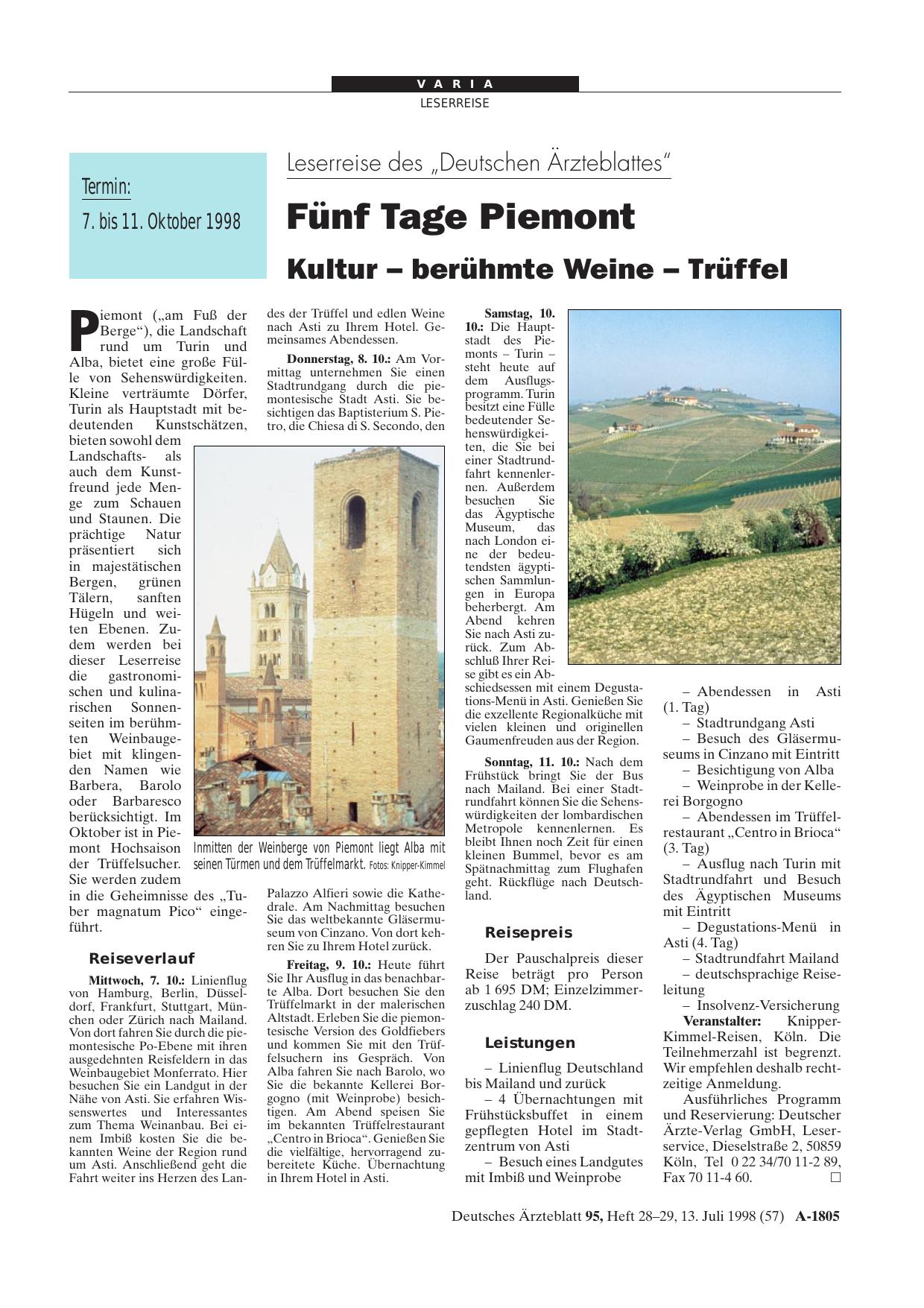 Vorschauseite 1: Leserreise des „Deutschen Ärzteblattes“: Fünf Tage Piemont Kultur - berühmte Weine - Trüffel