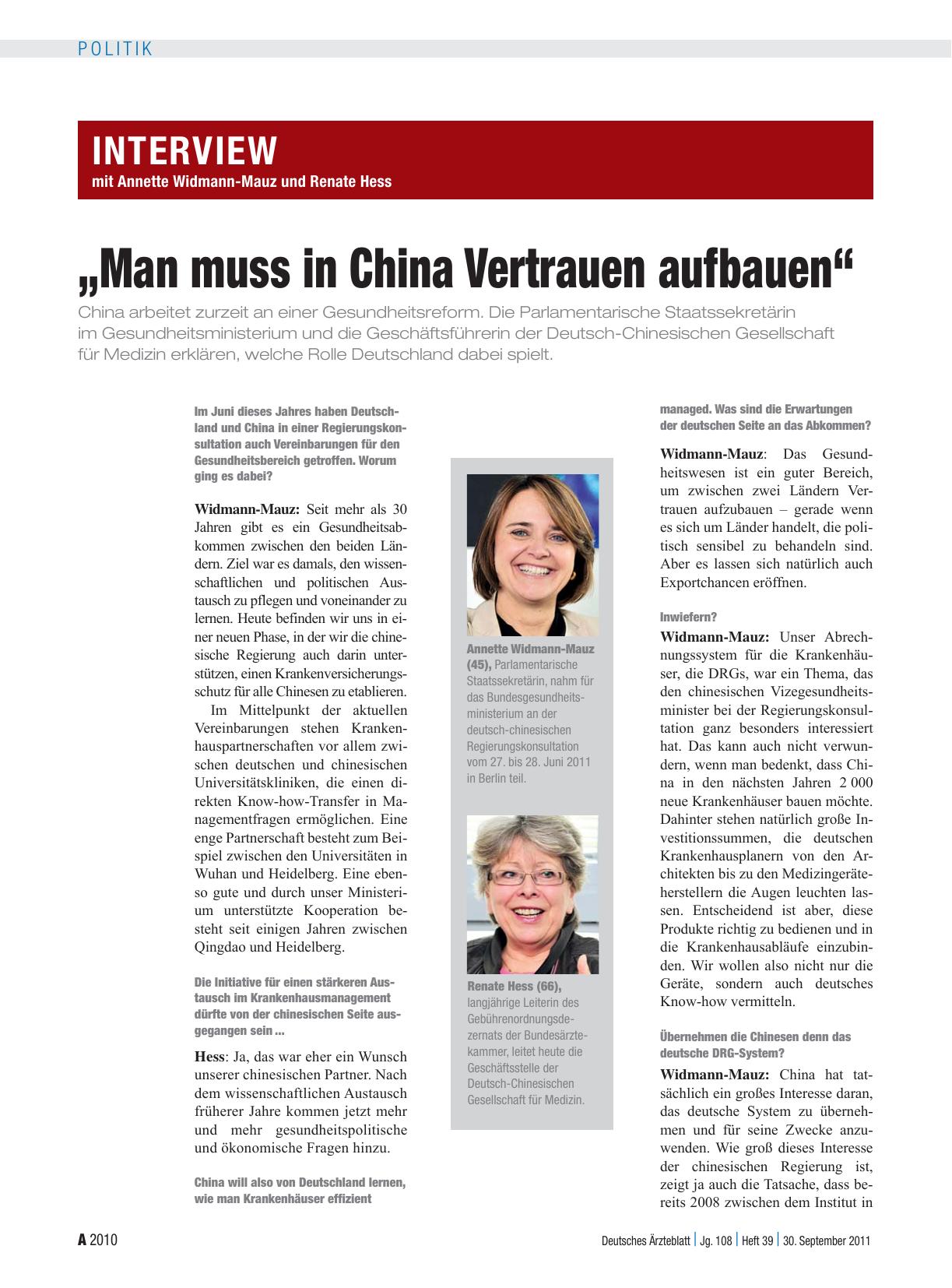 Vorschauseite 1: Interview mit Annette Widmann-Mauz und Renate Hess: „Man muss in China Vertrauen aufbauen“