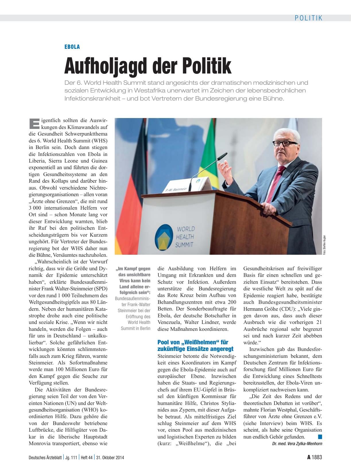 Vorschauseite 1: Ebola: Aufholjagd der Politik