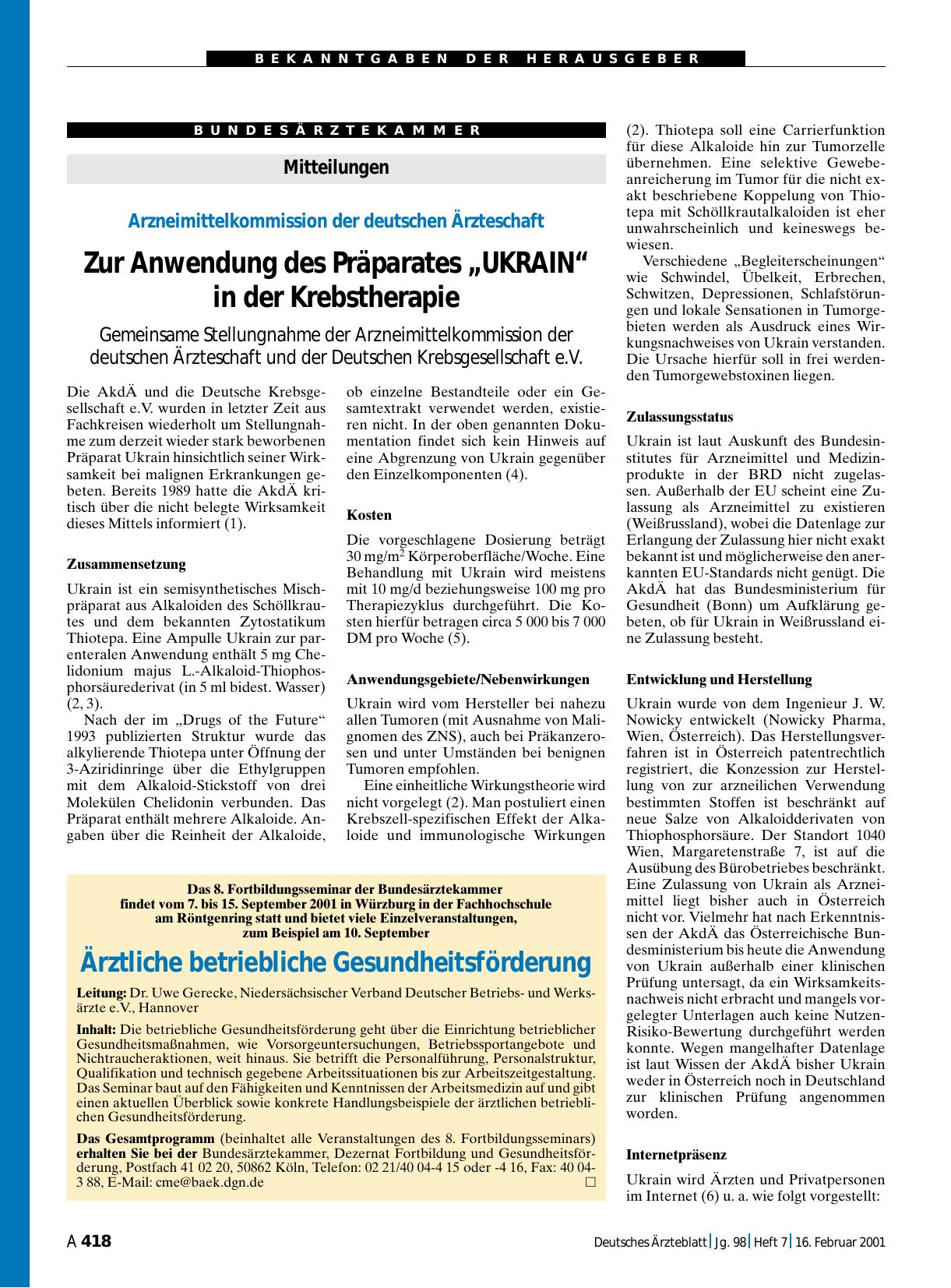 Vorschauseite 1: Mitteilungen: Arzneimittelkommission der deutschen Ärzteschaft Zur Anwendung des Präparates „UKRAIN“ in der Krebstherapie