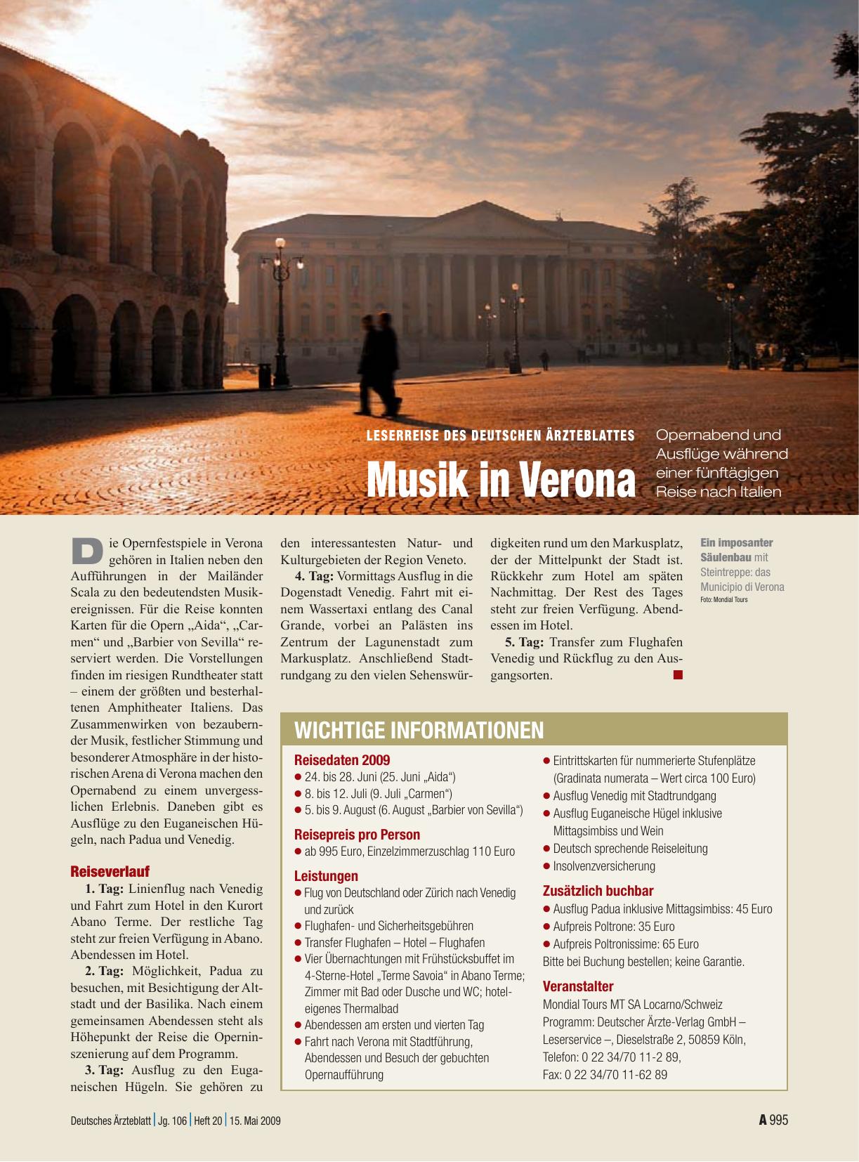 Vorschauseite 1: Leserreise des Deutschen Ärzteblattes: Musik in Verona
