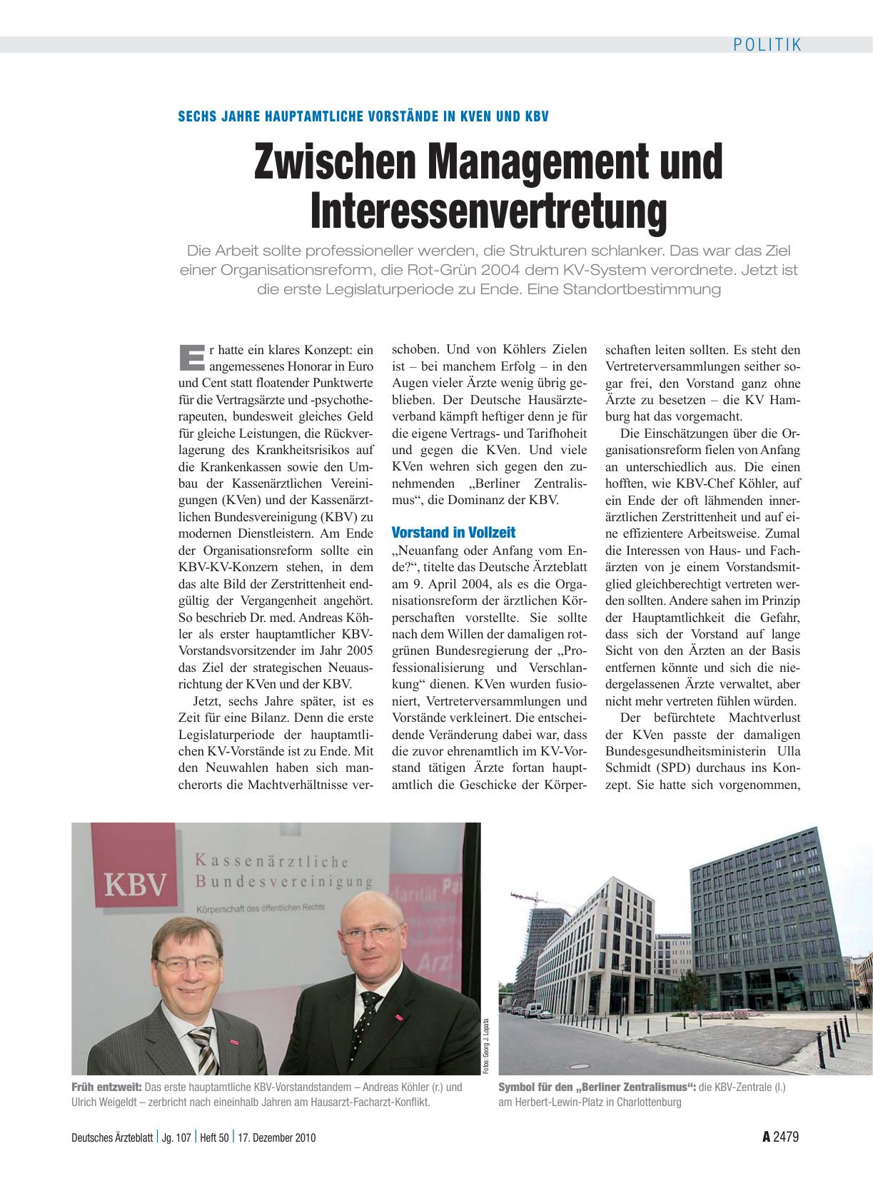 Vorschauseite 1: Sechs Jahre hauptamtliche Vorstände in KVen und KBV: Zwischen Management und Interessenvertretung
