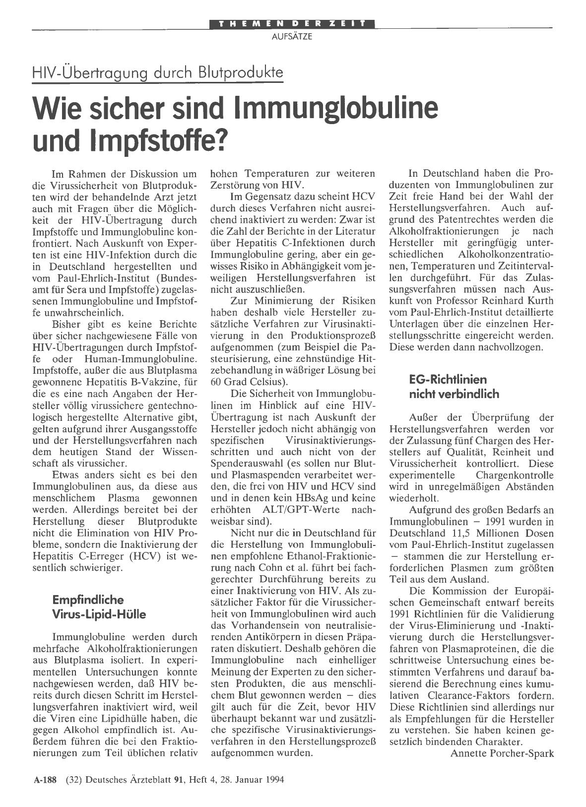 Vorschauseite 1: HIV-Übertragung durch Blutprodukte: Wie sicher sind Immunglobuline und Impfstoffe?