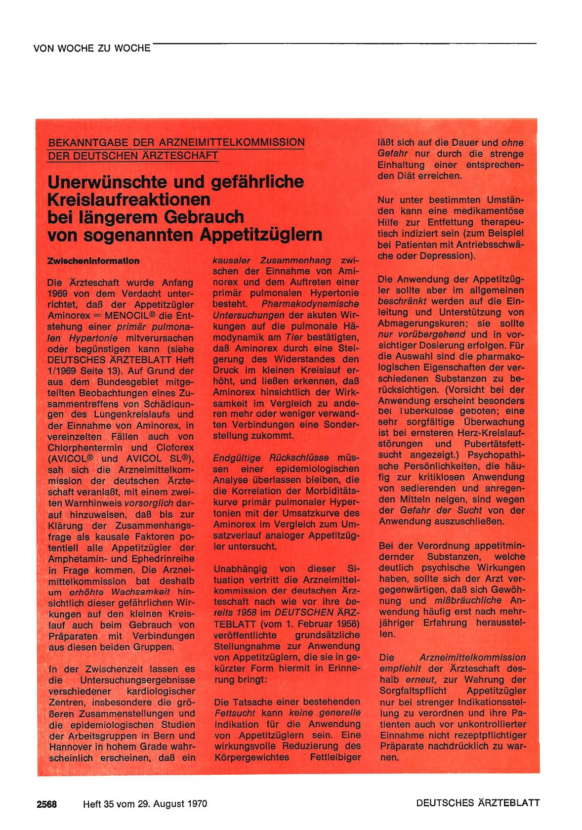 Vorschauseite 1: BEKANNTGABE DER ARZNEIMITTELKOMMISSION DER DEUTSCHEN ÄRZTESCHAFT: Unerwünschte und gefährliche Kreislaufreaktionen bei längerem Gebrauch von sogenannten Appetitzüglern