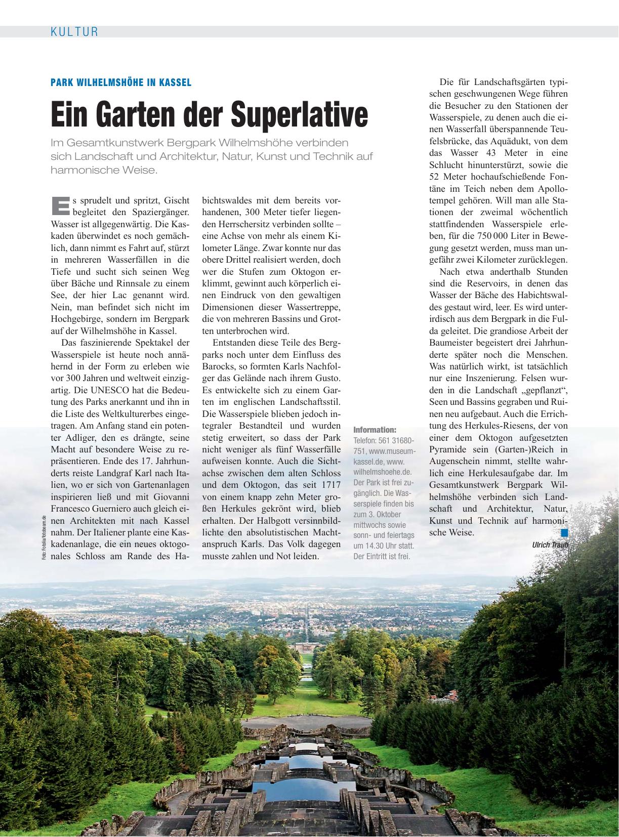Vorschauseite 1: Park Wilhelmshöhe in Kassel: Ein Garten der Superlative