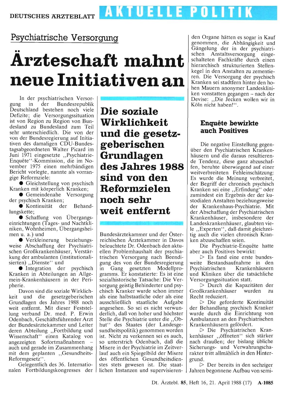 Vorschauseite 1: Psychiatrische Versorgung: Ärzteschaft mahnt neue Initiativen an