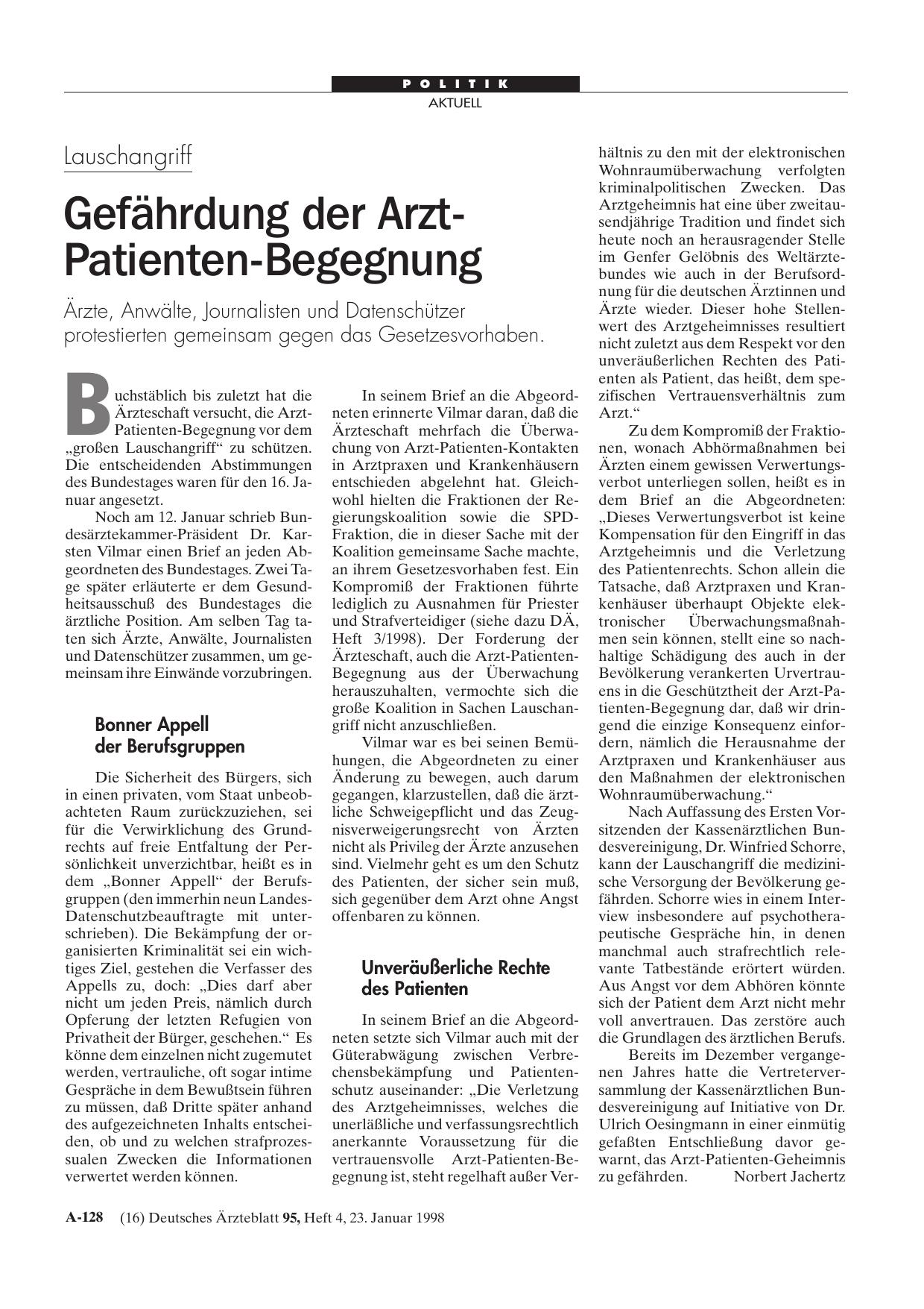 Vorschauseite 1: Lauschangriff: Gefährdung der Arzt-Patienten-Begegnung