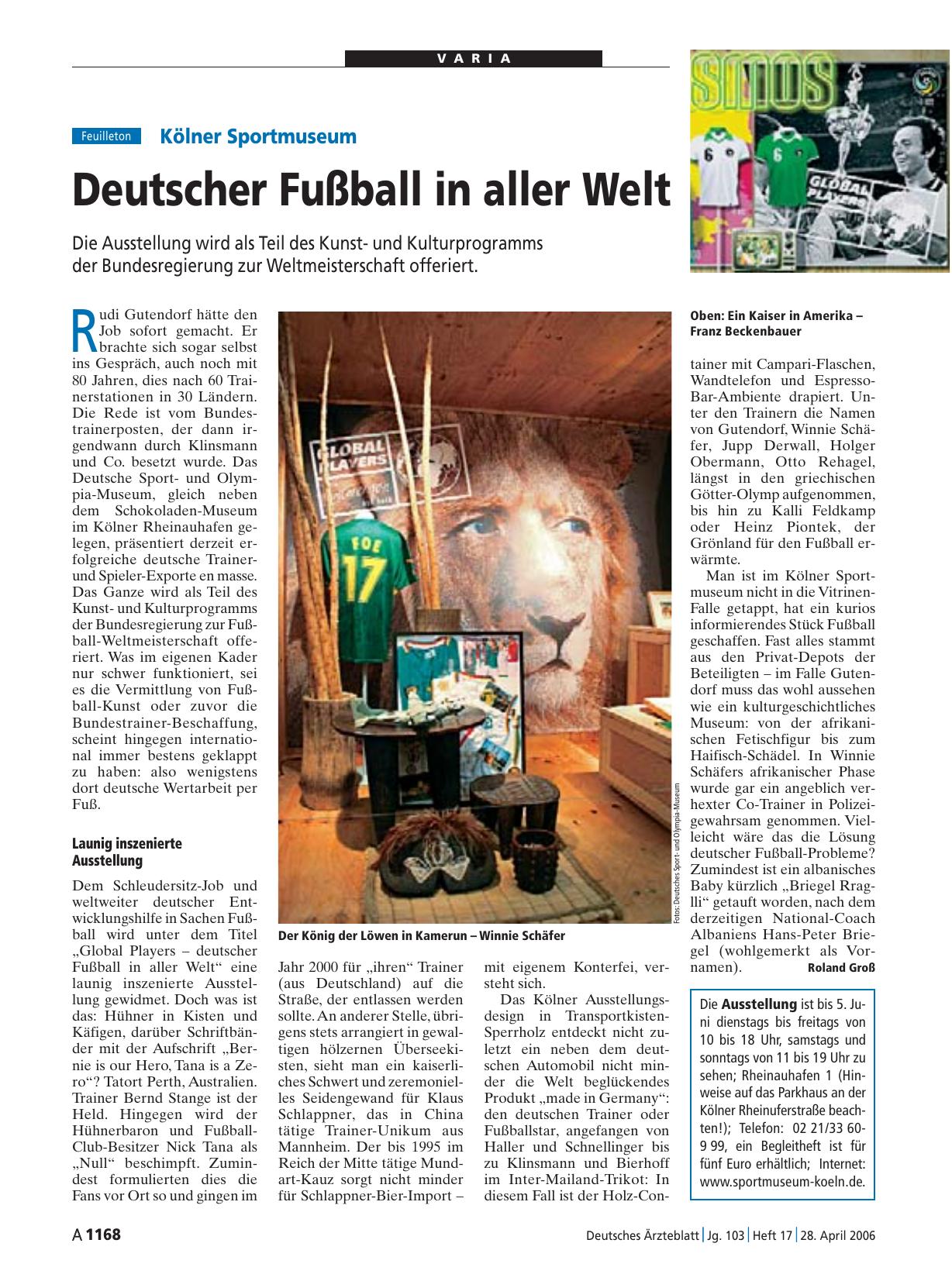 Vorschauseite 1: Kölner Sportmuseum: Deutscher Fußball in aller Welt
