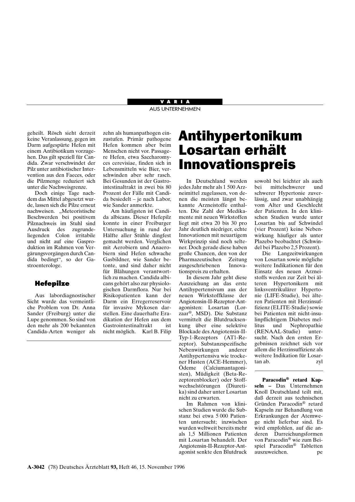 Vorschauseite 1: Antihypertonikum Losartan erhält Innovationspreis