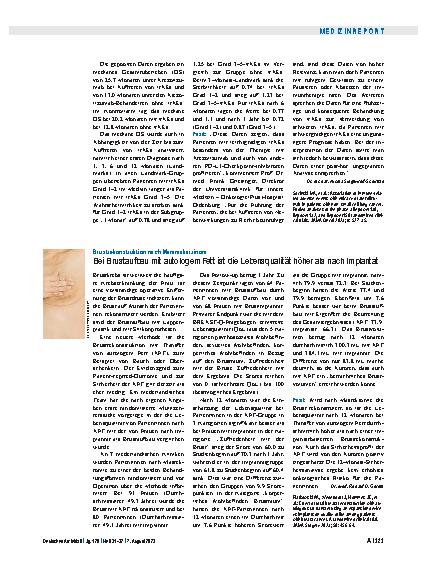 Vorschauseite 1: Brustrekonstruktion nach Mammakarzinom: Bei Brustaufbau mit autologem Fett ist die Lebensqualität höher als nach Implantat.