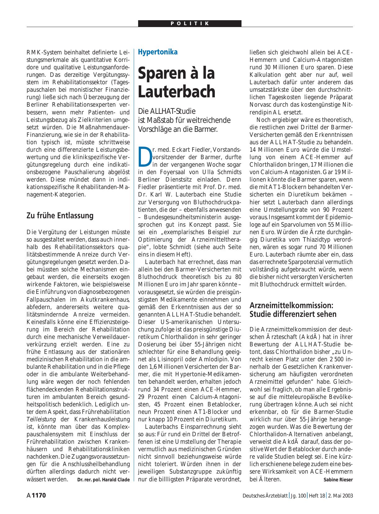 Vorschauseite 1: Hypertonika: Sparen à la Lauterbach