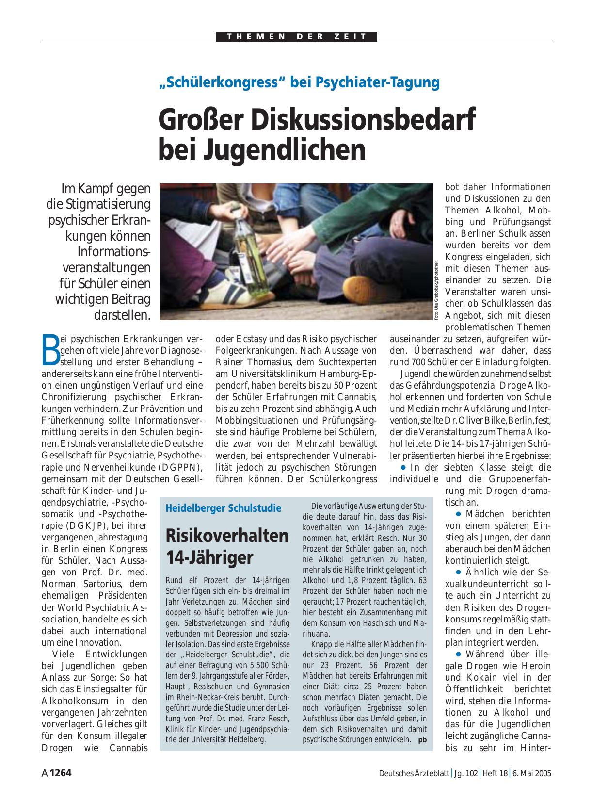 Vorschauseite 1: „Schülerkongress“ bei Psychiater-Tagung: Großer Diskussionsbedarf bei Jugendlichen