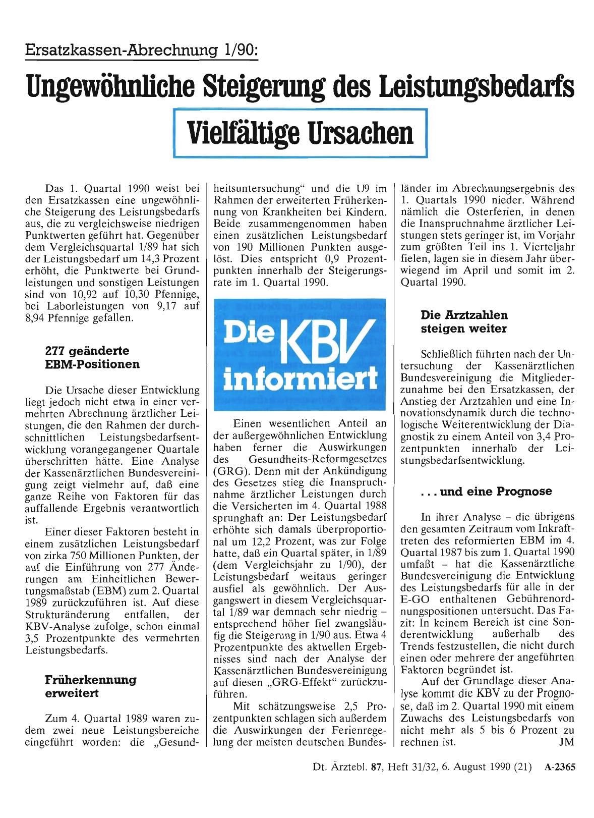 Vorschauseite 1: Ersatzkassen-Abrechnung 1/90: Ungewöhnliche Steigerung des Leistungsbedarfs – Vielfältige Ursachen