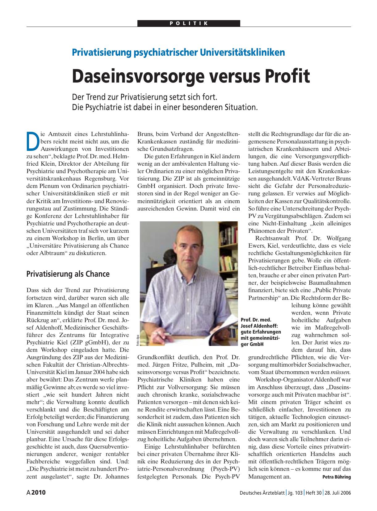 Vorschauseite 1: Privatisierung psychiatrischer Universitätskliniken: Daseinsvorsorge versus Profit