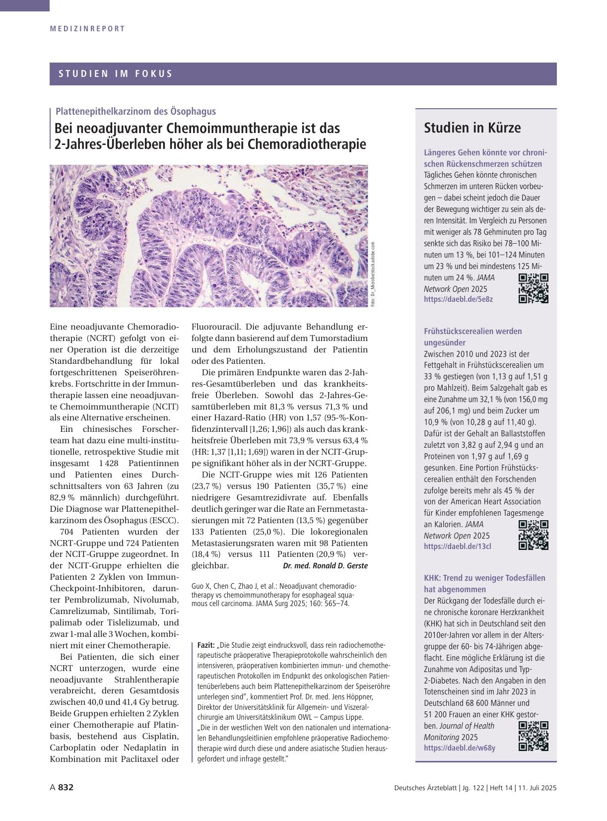 Vorschauseite 1: Plattenepithelkarzinom des Ösophagus: Bei neoadjuvanter Chemoimmuntherapie ist das 2-Jahres-Überleben höher als bei Chemoradiotherapie