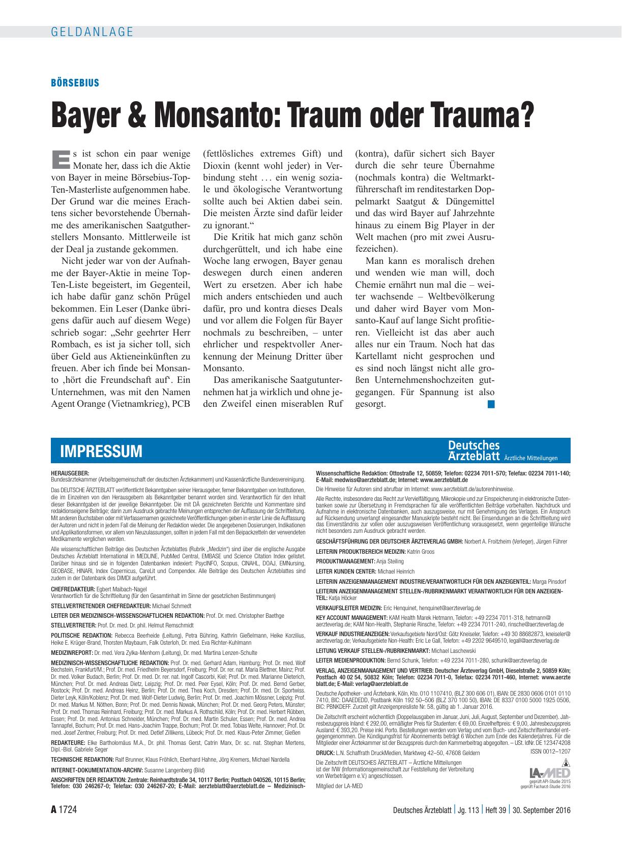 Vorschauseite 1: Börsebius: Bayer & Monsanto: Traum oder Trauma?