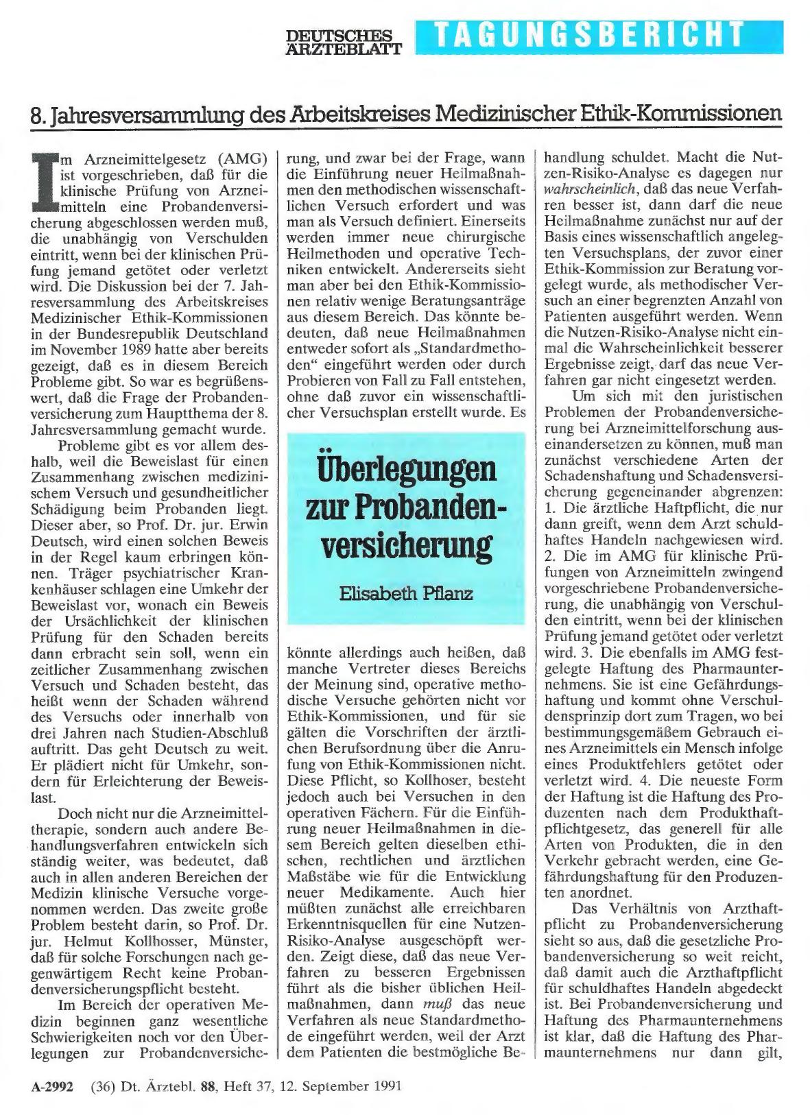 Vorschauseite 1: 8. Jahresversammlung des Arbeitsleises Medizinischer Ethik-Kommissionen: Überlegungen zur Probandenversicherung