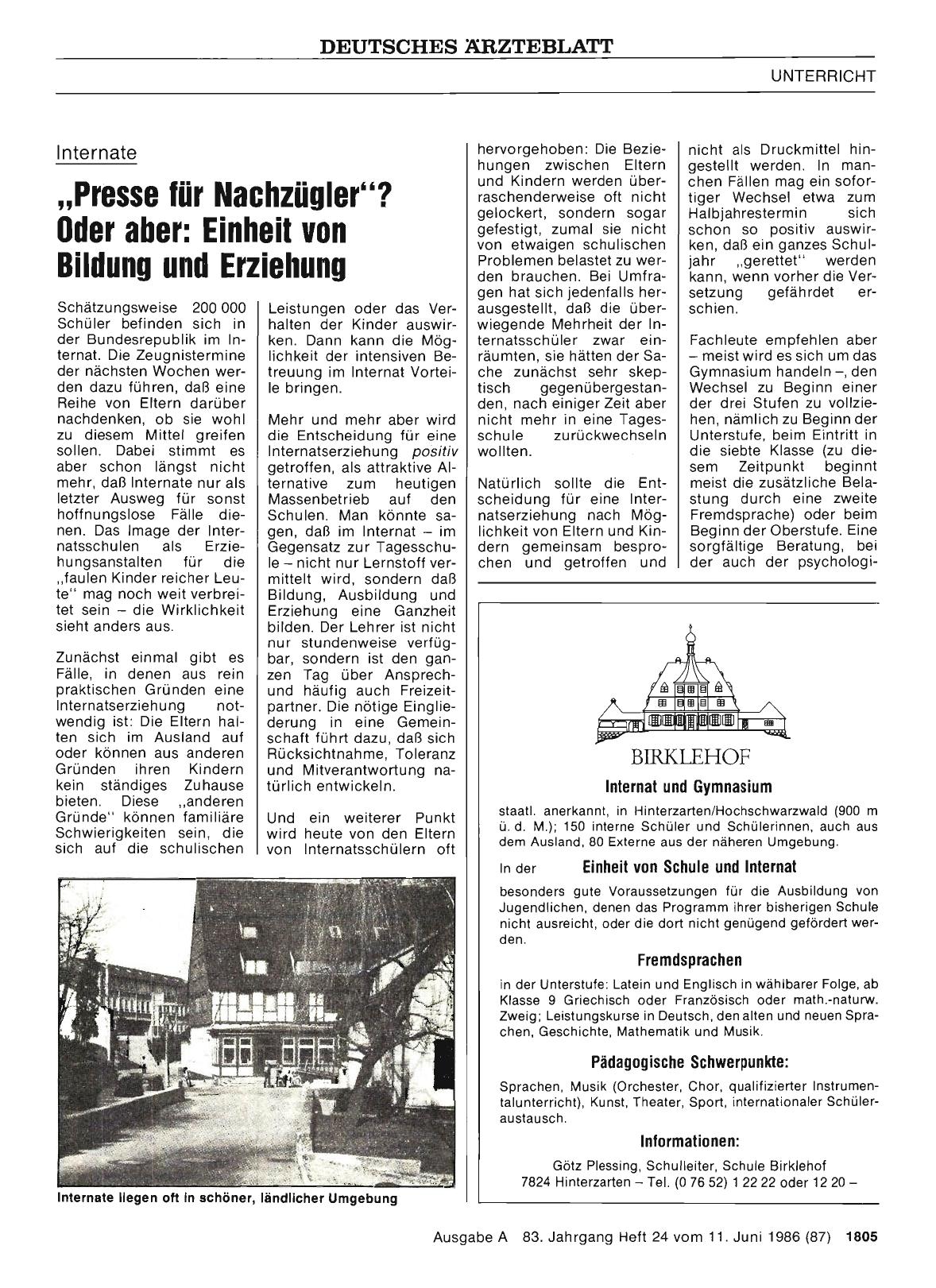 Vorschauseite 1: Internate: „Presse für Nachzügler“? Oder aber: Einheit von Bildung und Erziehung