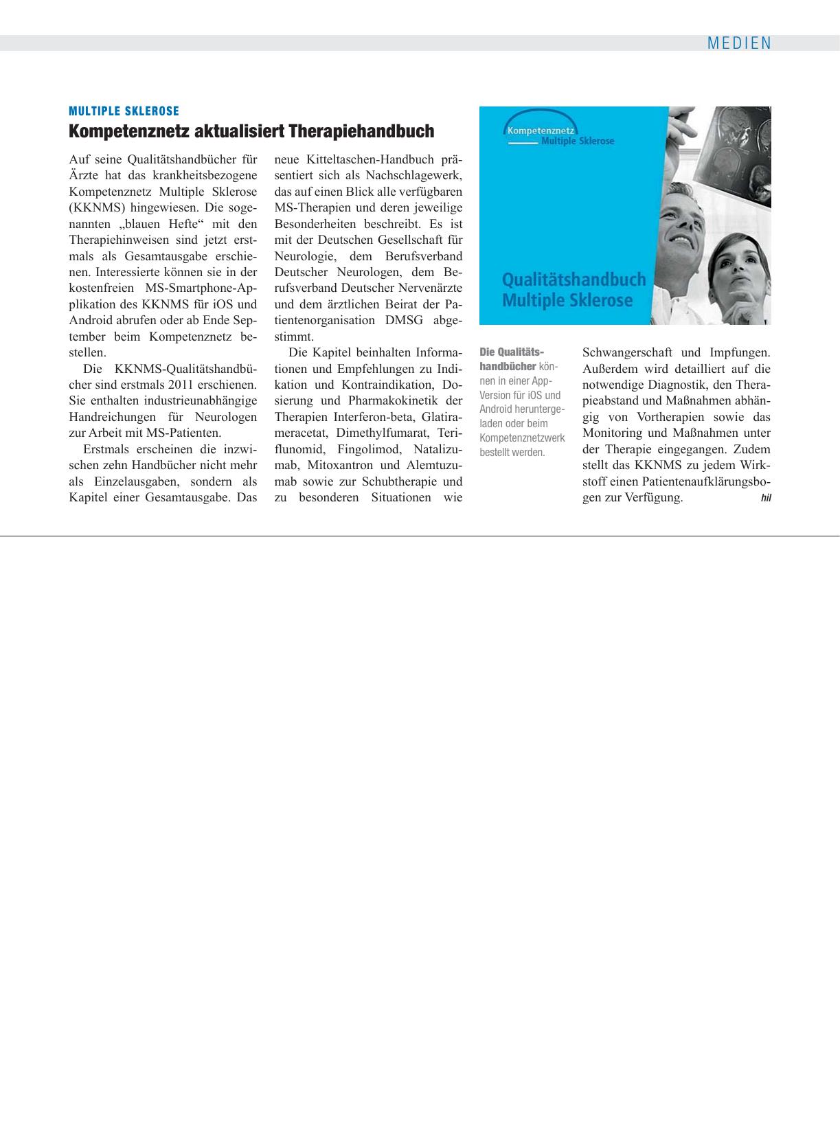 Vorschauseite 1: Multiple Sklerose: Kompetenznetz aktualisiert Therapiehandbuch