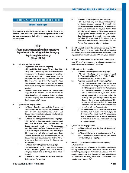 Vorschauseite 1: Änderung der Vereinbarung über die Anwendung von Psychotherapie in der vertragsärztlichen Versorgung (Psychotherapie-Vereinbarung) (Anlage 1 BMV-Ä)
