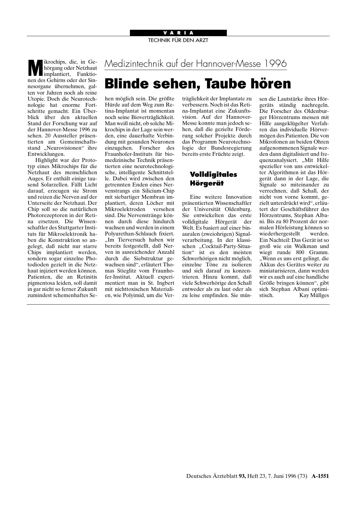 Vorschauseite 1: Medizintechnik auf der Hannover-Messe 1996: Blinde sehen, Taube hören