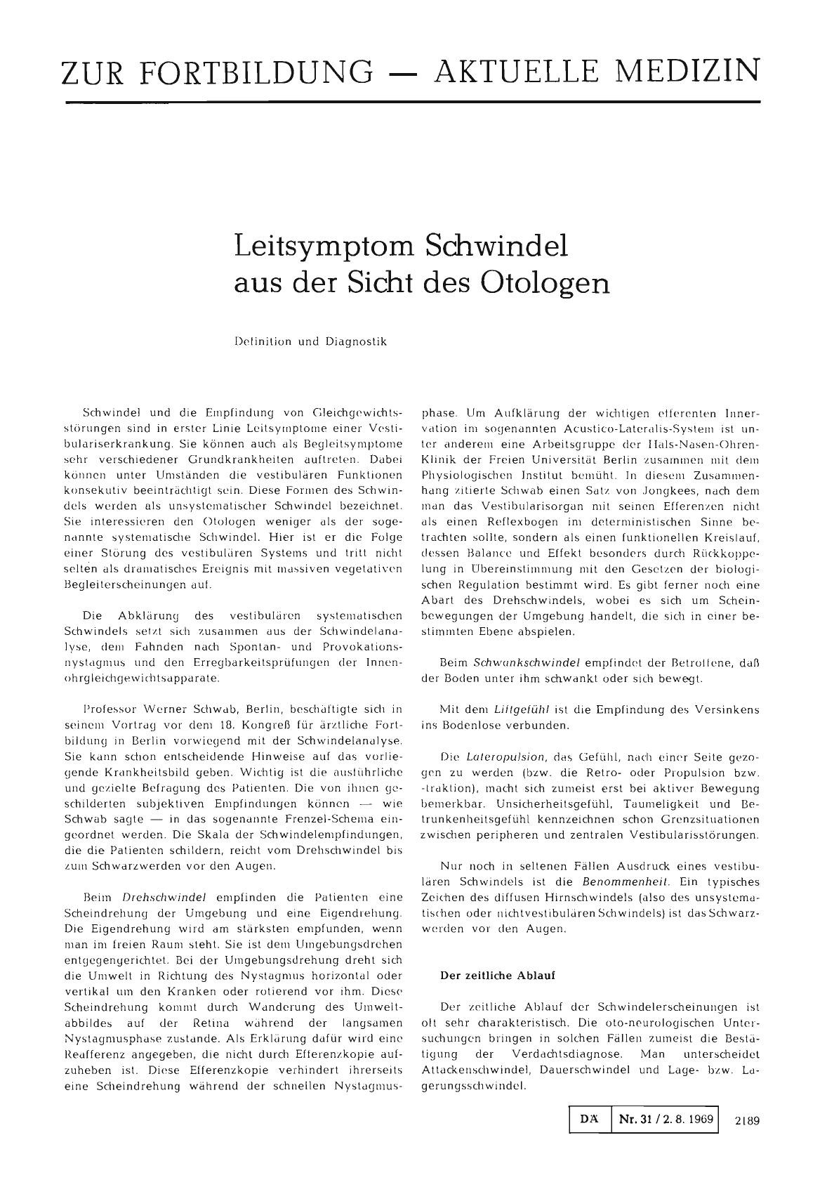 Vorschauseite 1: Leitsymptom Schwindel aus der Sicht des Otologen