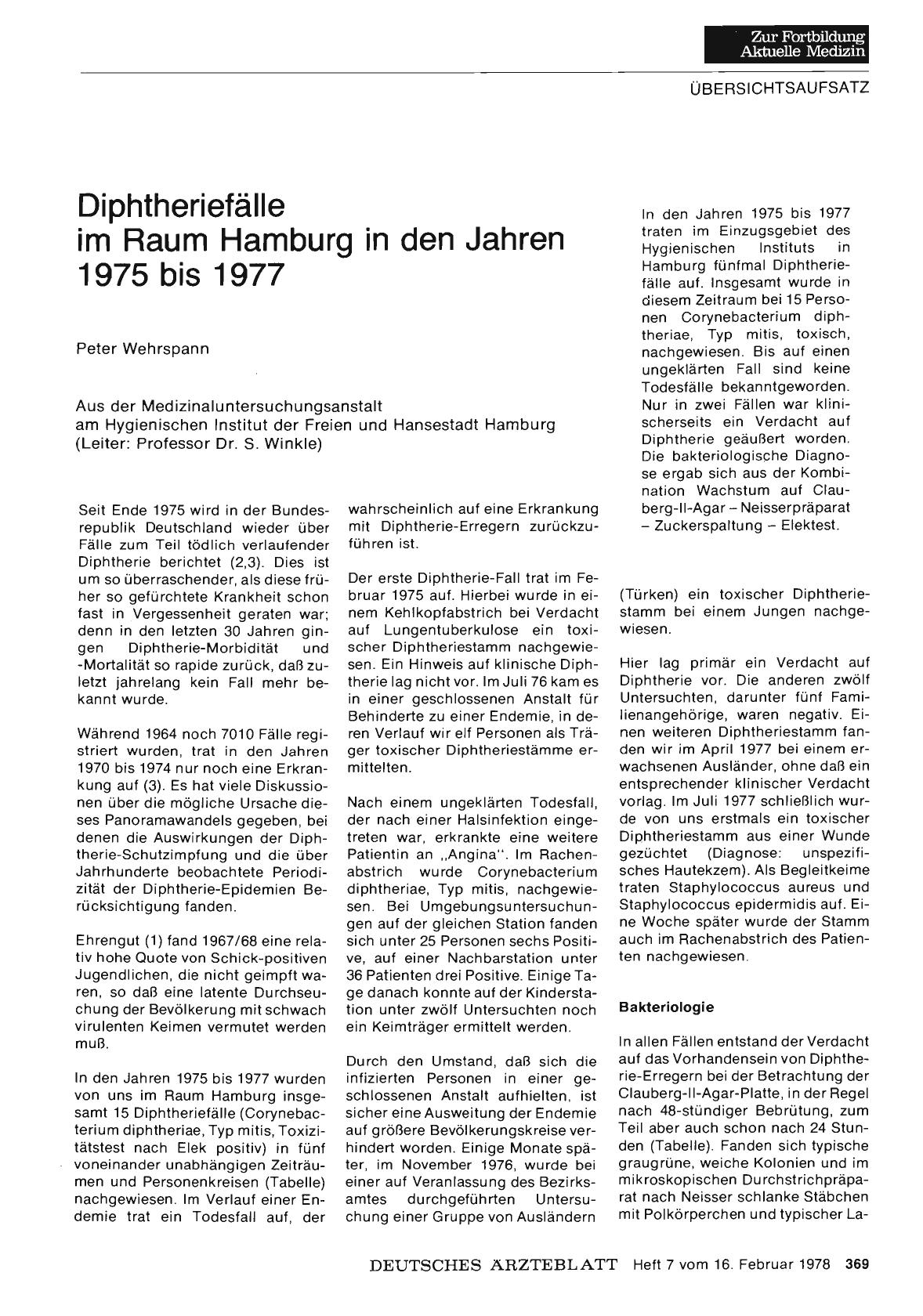 Vorschauseite 1: Diphtheriefälle im Raum Hamburg in den Jahren 1975 bis 1977