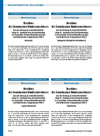 Vorschauseite 1: Beschluss des Gemeinsamen Bundesausschusses über eine Änderung der Arzneimittel-Richtlinie: Anlage XII – Latanoprost/Netarsudil