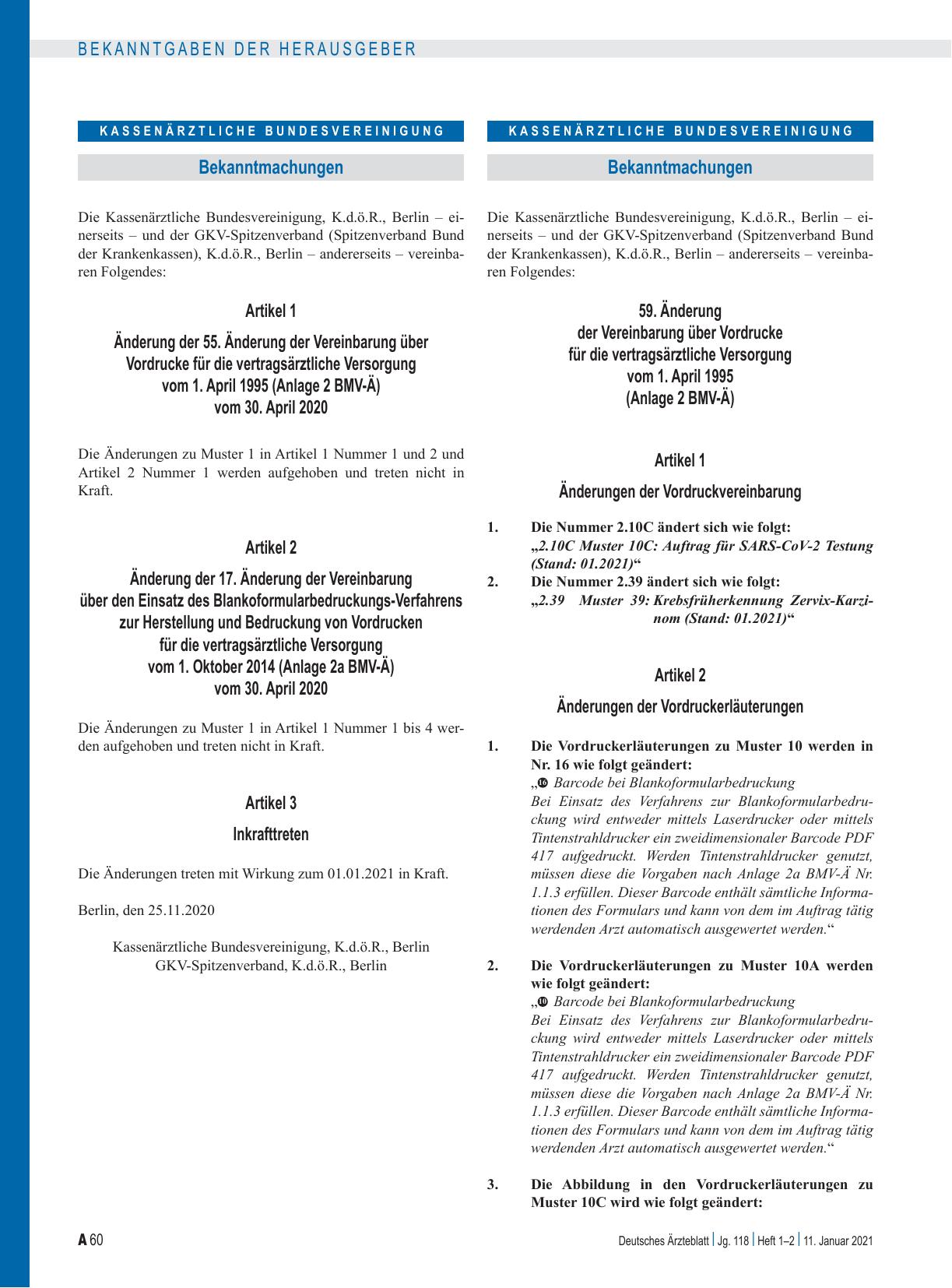 Vorschauseite 1: Änderung der Vereinbarung über Vordrucke für die vertragsärztliche Versorgung / Änderung der Vereinbarung über den Einsatz des Blankoformularbedruckungs-Verfahrens zur Herstellung…